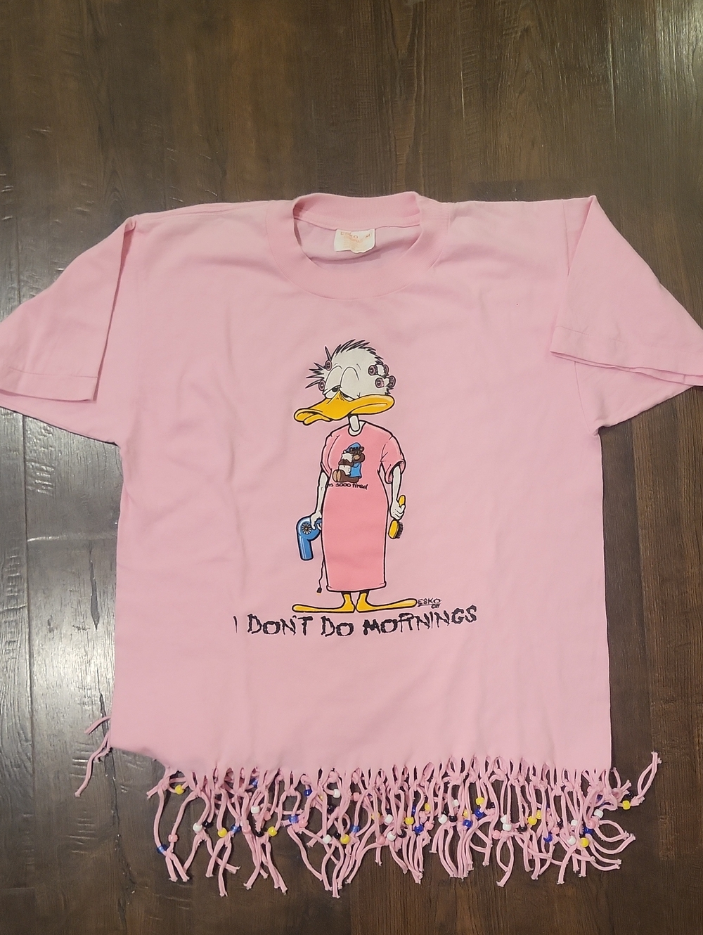 Vintage Eako Pink Cartoon Graphic Fringe Tee - "I Don't Do Mornings" 1989